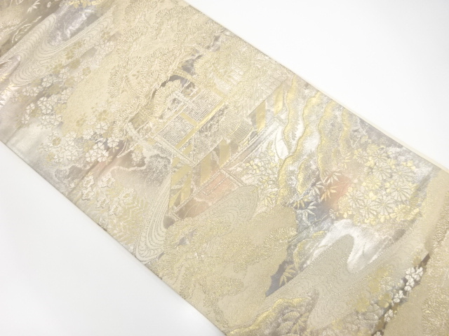 JAPANESE KIMONO / ANTIQUE FUKURO OBI / SILK / WOVEN STREAM & MANSION